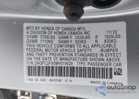 2021 Honda Civic Sport z USA, uszkodzony, nr VIN 2HGFC2F80MH519529